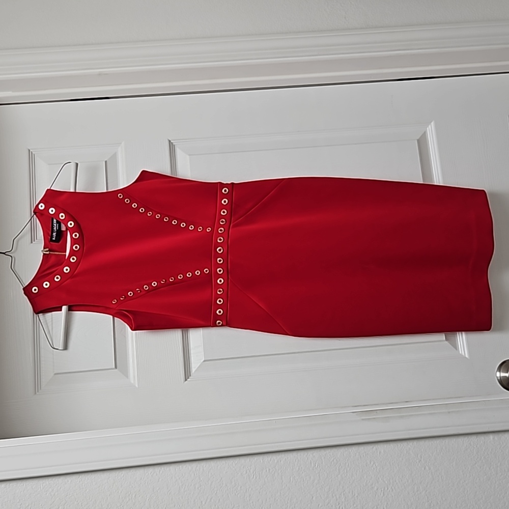 Karl Lagerfeld Paris Sleeveless Dress Size 2 Solid Red Gold Tone Grommets Lined